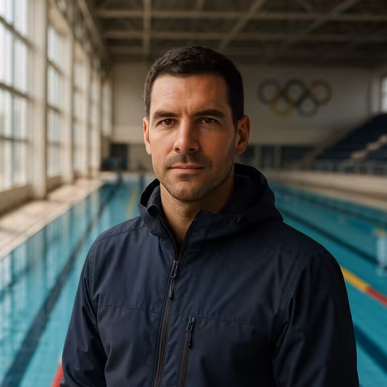 Homme devant piscine intérieure avec anneaux olympiques