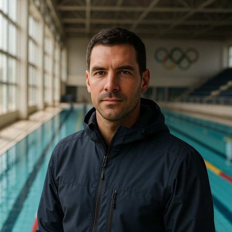 Homme devant piscine intérieure avec anneaux olympiques