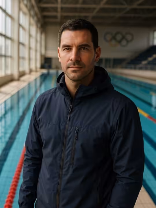 Homme devant piscine olympique intérieure